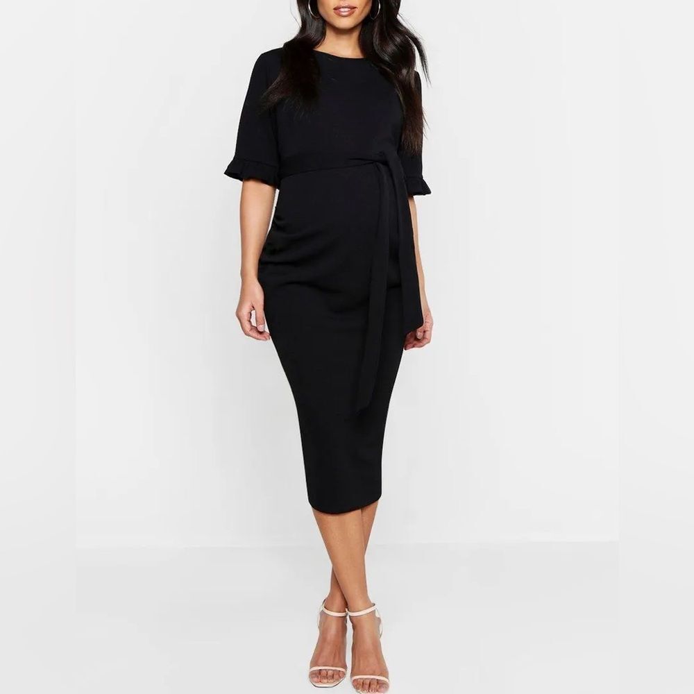 NEW Boohoo maternity black ruffle midi bodycon dress women’s size small 4